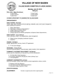 VILLAGE OF NEW BADEN VILLAGE BOARD COMMITTEE-AT-LARGE AGENDA Monday, July 23, 2012 7:00 p.m. ROLL CALL: Mayor Brandmeyer Trustee Malina