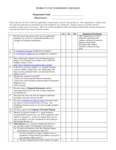 INDIRECT COST SUBMISSION CHECKLIST Organization Name Fiscal Year(s) Please check the Yes, No or N/A (not applicable) columns below to answer the questions or, where applicable, to indicate that the requested supporting d