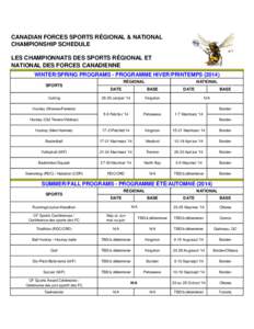 CANADIAN FORCES SPORTS RÉGIONAL & NATIONAL CHAMPIONSHIP SCHEDULE LES CHAMPIONNATS DES SPORTS RÉGIONAL ET NATIONAL DES FORCES CANADIENNE WINTER/SPRING PROGRAMS - PROGRAMME HIVER/PRINTEMPS[removed]RÉGIONAL