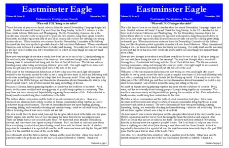 Eastminster Eagle Volume 30, Issue 11 Eastminster Presbyterian Church  November, 2013