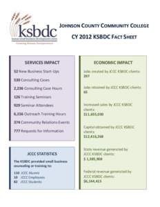 JOHNSON COUNTY COMMUNITY COLLEGE CY 2012 KSBDC FACT SHEET SERVICES IMPACT 52 New Business Start-Ups 530 Consulting Cases