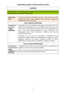 Global Alliance against Child Sexual Abuse Online Cambodia Policy target No. 1: Enhancing efforts to identify victims and ensuring that they receive the necessary assistance, support and protection Operational Goal: