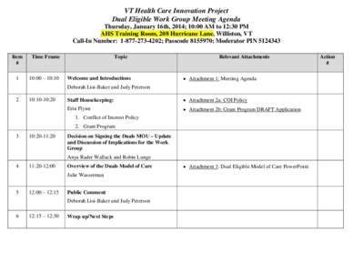 VT Health Care Innovation Project Dual Eligible Work Group Meeting Agenda Thursday, January 16th, 2014; 10:00 AM to 12:30 PM AHS Training Room, 208 Hurricane Lane, Williston, VT Call-In Number: [removed]; Passcode 8