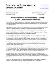 NEWS RELEASE: Controller Westly Appoints Sherry Lansing to Stem Cell Oversight Committee