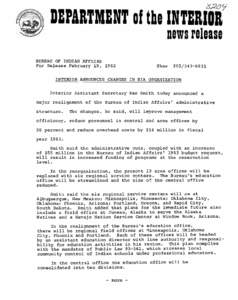 DBPARTMBNT af the INTBRIOR Dews release BUREAU OF INDIA..~ AFFAIRS For Release February 19, 1982 INTERIOR