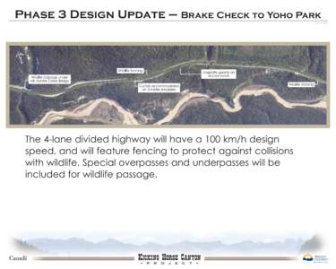 Phase 3 Design Update – Brake Check to Yoho Park April 15, 2008 Wildlife fencing Wildlife passage under Mt. Hunter Creek Bridge