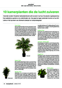 gezondheid tekst: Juglen Zwaan (Vertaling – Mieke van Kooten) 10 kamerplanten die de lucht zuiveren Hieronder worden 10 planten behandeld die de lucht zuiveren in je huis. De selectie is gebaseerd op hoe makkelijk ze g