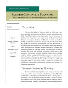 Industry Cluster Briefings Series  BUSINESS CONTINUITY PLANNING MUST-DOS FOR SMALL TO MEDIUM-SIZED BUSINESSES