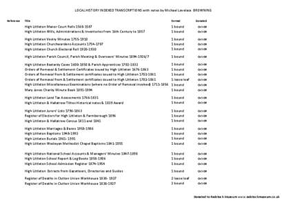 LOCAL HISTORY INDEXED TRANSCRIPTIONS with notes by Michael Lovelace BROWNING Reference Title  Format