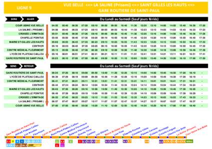 VUE BELLE <=> LA SALINE (Prisami) <=> SAINT GILLES LES HAUTS <=> GARE ROUTIERE DE SAINT-PAUL LIGNE 9  Du Lundi au Samedi (Sauf jours fériés)