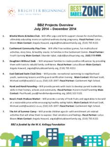 BBZ Projects Overview July 2014 – December.  Blissful	
  Moms	
  &	
  Babies	
  Club	
  -­‐	
  Will	
  oﬀer	
  yoga	
  and	
  birth-­‐support	
  classes	
  for	
  mom/families.,	
   ul;ma