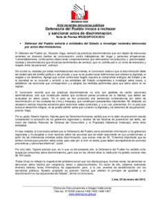 Ante recientes denuncias públicas  Defensoría del Pueblo invoca a rechazar y sancionar actos de discriminación. Nota de Prensa Nº026/DP/OCII/2012 