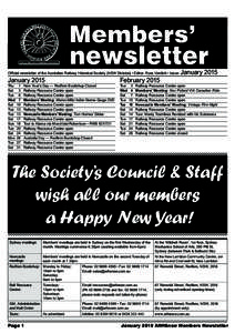 Official newsletter of the Australian Railway Historical Society (NSW Division) • Editor: Ross Verdich • Issue:  January 2015 Thu	 1	 New Year’s Day — Redfern Bookshop Closed Sat	 3	 Railway Resource Centre open