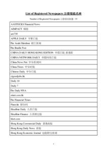 List of Registered Newspapers 注册报纸名单 Number of Registered Newspapers 注册报纸数量 : 55 AASTOCKS Financial News AIMPACT 锋投 am730