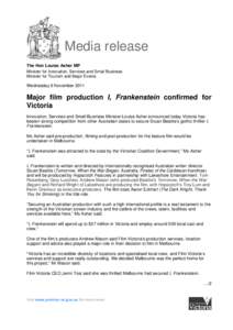 Microsoft Word[removed]Asher - Major film production I, Frankenstein confirmed for Victoria