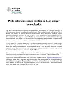 Postdoctoral research position in high­energy astrophysics The High­Energy Astrophysics group of the Department of Astronomy of the University of Geneva is offering one post­doctoral research pos