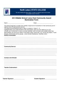 2014 Middle School Lions Club Community Award Nomination Form Name ________________________ Class ________________________