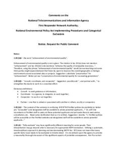 Comments on the National Telecommunications and Information Agency First Responder Network Authority; National Environmental Policy Act Implementing Procedures and Categorical Exclusions Notice. Request for Public Commen