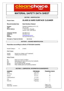 MATERIAL SAFETY DATA SHEET SECTION 1 –IDENTIFICATION Product Name GLASS & HARD SURFACE CLEANER