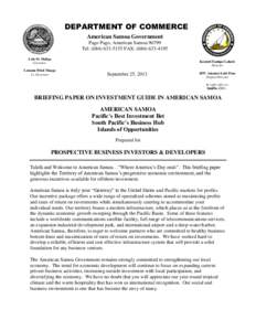 DEPARTMENT OF COMMERCE American Samoa Government Pago Pago, American Samoa[removed]Tel: ([removed]FAX: ([removed]Lolo M. Moliga Governor