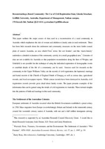 Reconstructing a Rural Community: The Use of Civil Registration Data; Glenda Strachan; Griffith University, Australia, Department of Management, Nathan campus, 170 Kessels Rd, Nathan QLD 4111; [removed] 