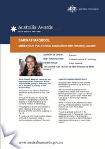 SARWAT MAQBOOL ENDEAVOUR VOCATIONAL EDUCATION AND TRAINING AWARD COUNTRY OF ORIGIN:  Pakistan