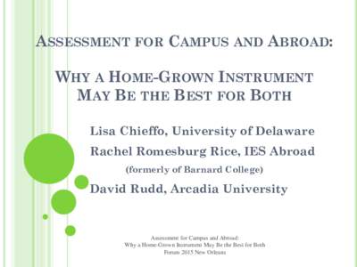ASSESSMENT FOR CAMPUS AND ABROAD: WHY A HOME-GROWN INSTRUMENT MAY BE THE BEST FOR BOTH Lisa Chieffo, University of Delaware Rachel Romesburg Rice, IES Abroad (formerly of Barnard College)