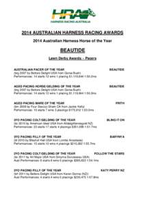2014 AUSTRALIAN HARNESS RACING AWARDS 2014 Australian Harness Horse of the Year BEAUTIDE Lawn Derby Awards – Pacers AUSTRALIAN PACER OF THE YEAR