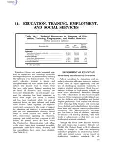 11.  EDUCATION, TRAINING, EMPLOYMENT, AND SOCIAL SERVICES Table 11–1. Federal Resources in Support of Education, Training, Employment, and Social Services (Dollar amounts in millions)