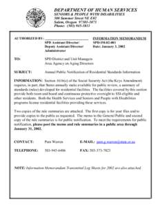 DEPARTMENT OF HUMAN SERVICES SENIORS & PEOPLE WITH DISABILITIES 500 Summer Street NE E02 Salem, Oregon[removed]Phone: ([removed]AUTHORIZED BY: