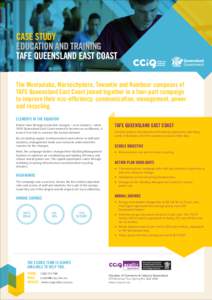 CASE STUDY EDUCATION AND TRAINING TAFE QUEENSLAND EAST COAST The Mooloolaba, Maroochydore, Tewantin and Nambour campuses of TAFE Queensland East Coast joined together in a four-part campaign to improve their eco-efficien