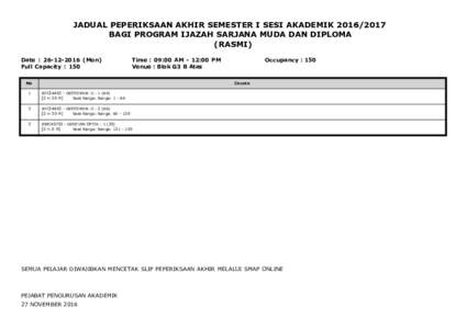 JADUAL PEPERIKSAAN AKHIR SEMESTER I SESI AKADEMIKBAGI PROGRAM IJAZAH SARJANA MUDA DAN DIPLOMA (RASMI) Date : Mon) Full Capacity : 150