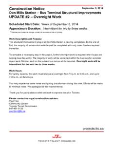 Construction Notice  September 5, 2014 Don Mills Station – Bus Terminal Structural Improvements