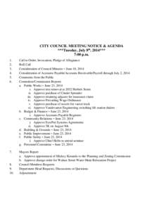 CITY COUNCIL MEETING NOTICE & AGENDA ***Tuesday, July 8th, 2014*** 7:00 p.m[removed].