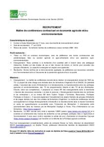 Département Sciences Economiques Sociales et de Gestion (SESG)  RECRUTEMENT Maître de conférences contractuel en économie agricole et/ou environnementale Caractéristiques du poste :