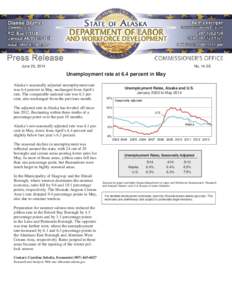 June 20, 2014  No[removed]Unemployment rate at 6.4 percent in May Alaska’s seasonally adjusted unemployment rate