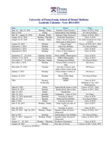 University of Pennsylvania, School of Dental Medicine Academic Calendar - YearDate: June 30 – July 25, 2014 July 4, 2014 July 28 – August 22, 2014