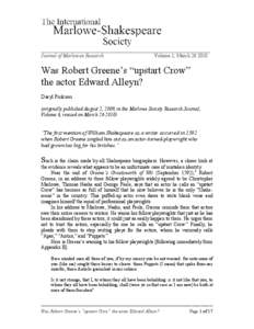 ___________________________________________________ Journal of Marlovian Research Volume 1, March[removed]Was Robert Greene’s “upstart Crow”