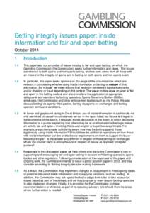 Betting integrity issues paper - inside information and fair and open betting - October 2011