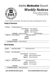 Altofts Methodist Church  Weekly Notices Sunday 30th November  Lectionary (Year B)