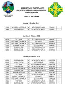 2011 KEPPLERS AUSTRALASIAN GAELIC FOOTBALL HURLING & CAMOGIE CHAMPIONSHIPS OFFICAL PROGRAM  Sunday, 2 October 2011