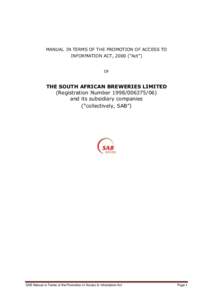 MANUAL IN TERMS OF THE PROMOTION OF ACCESS TO INFORMATION ACT, 2000 (“Act”) OF  THE SOUTH AFRICAN BREWERIES LIMITED