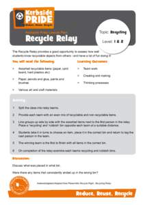 Topic: Recycling  Kerbside Pride Lesson Plan Recycle Relay