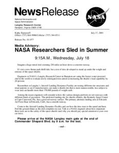 NewsRelease National Aeronautics and Space Administration Langley Research Center Hampton, Virginia[removed]