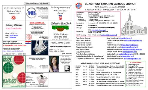 COMMUNITY ADVERTISEMENTS  ST. ANTHONY CROATIAN CATHOLIC CHURCH In loving memory of