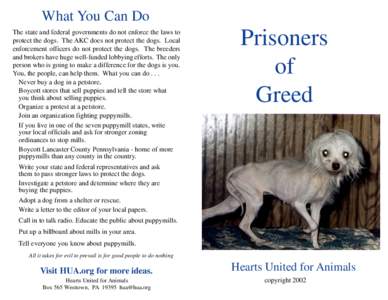 What You Can Do The state and federal governments do not enforce the laws to protect the dogs. The AKC does not protect the dogs. Local enforcement officers do not protect the dogs. The breeders and brokers have huge wel