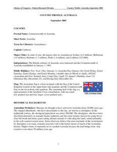 Library of Congress – Federal Research Division  Country Profile: Australia, September 2005