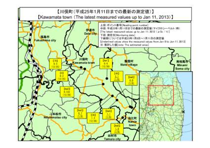 【川俣町（平成25年1月11日までの最新の測定値）】 【Kawamata town （The latest measured values up to Jan 11, 2013）】 伊達市 Date city 福島市 Fukushima city