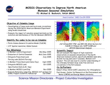 MODIS Observations to Improve North American Monsoon Seasonal Simulations PI: Michael G. Bosilovich, NASA GMAO Award number: SMD1-Dec04-0008