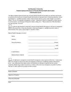 Northwestern University Student Optional Disclosure of Private Mental Health Information Authorization Form